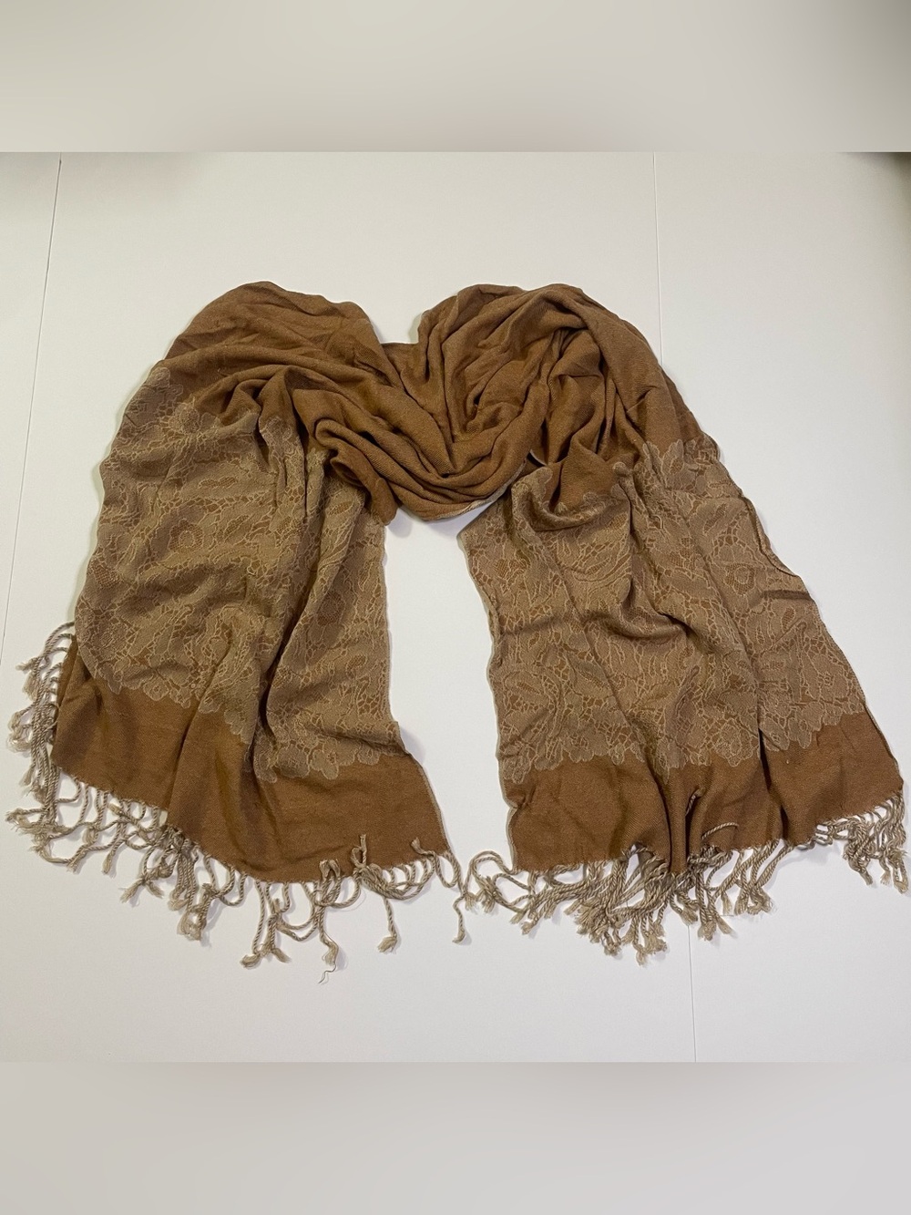 Tan and Beige Long Fashion Scarf with Floral Embroidered Lace with Fringe
